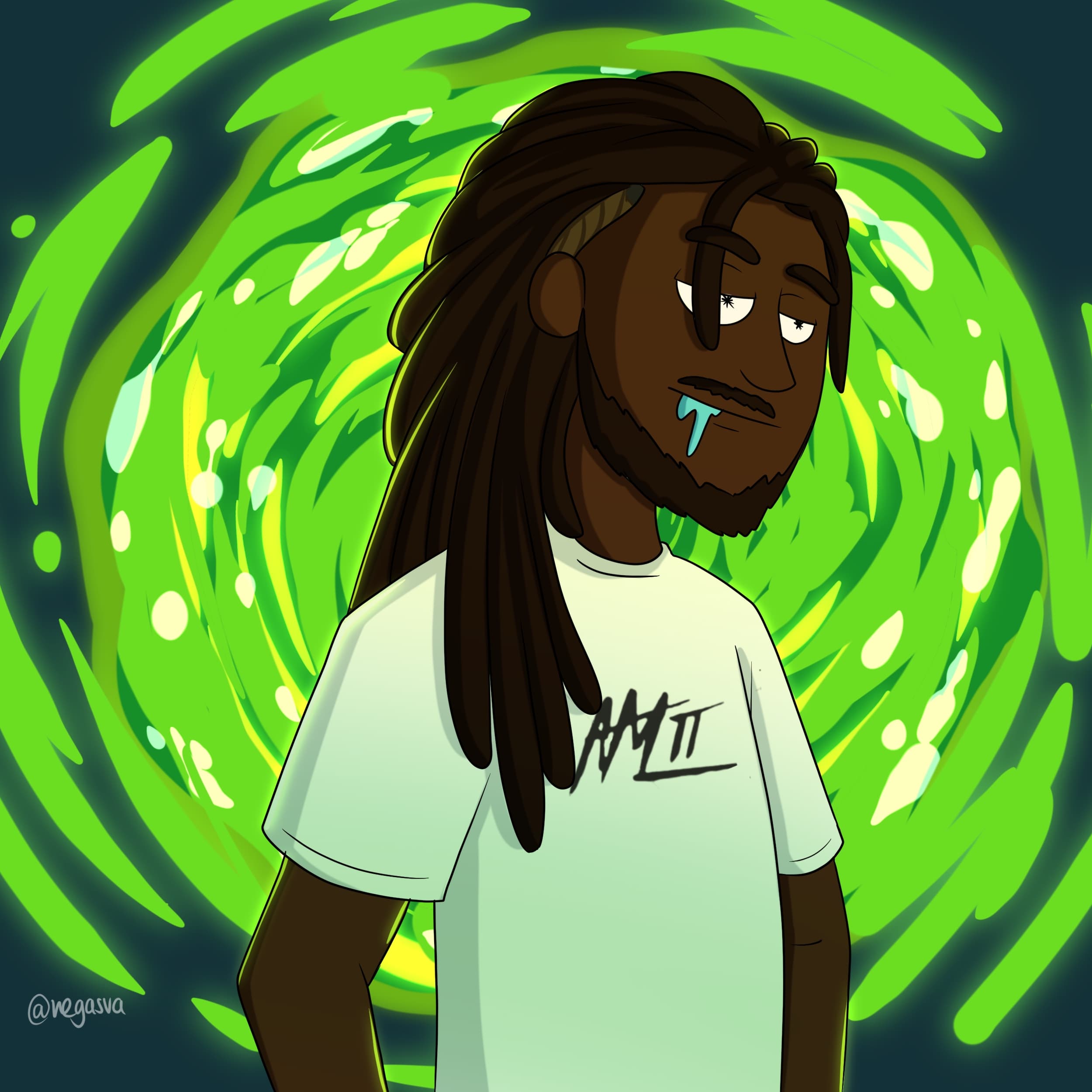 Rick and Morty style custom portrait hand drawn from photo with green portal background