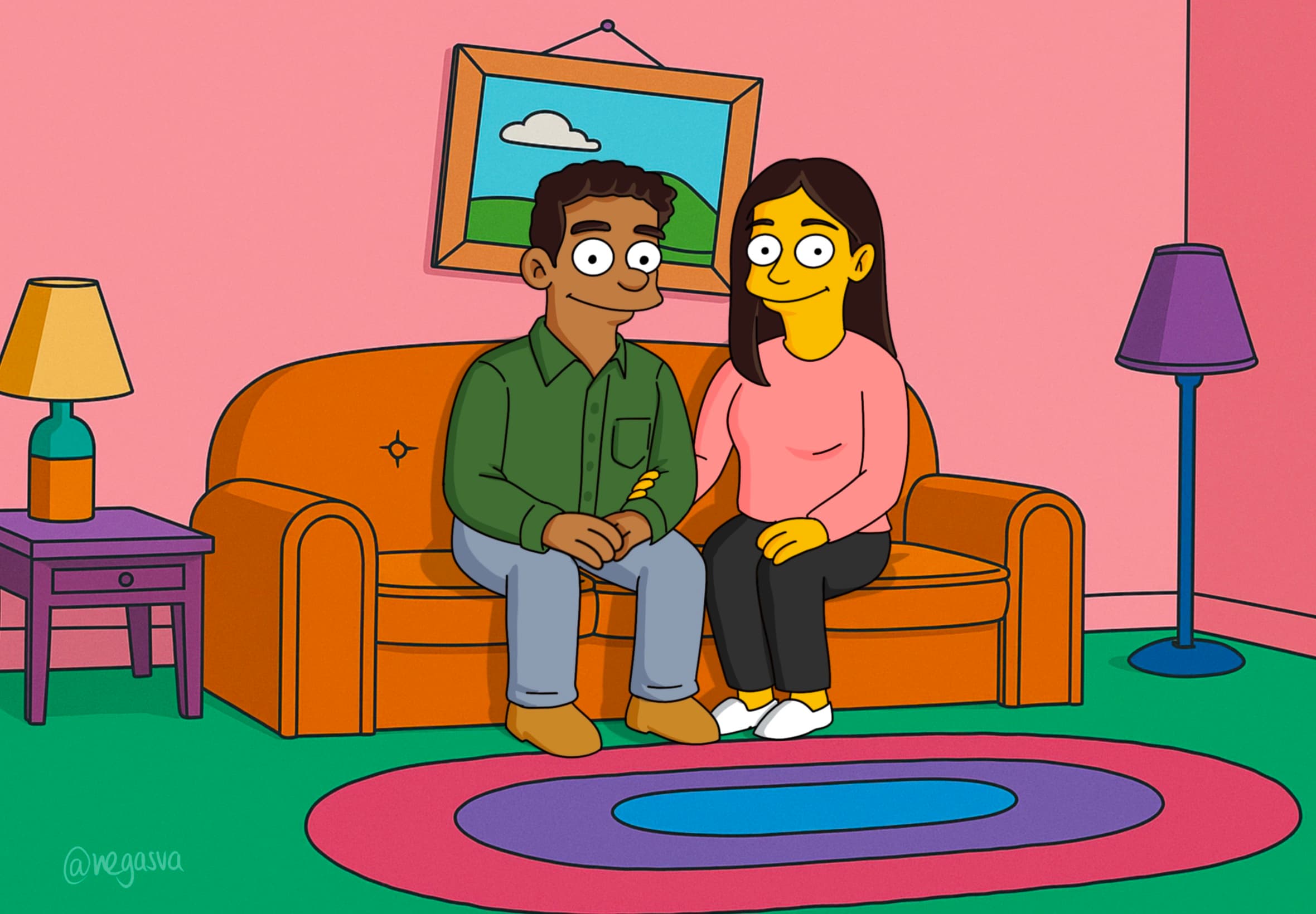 Simpsons style custom family portrait hand drawn from photo with yellow skin and clean outlines